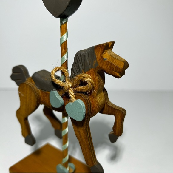 Wooden Carousel Horse 8" Figure Wood Carved Wood Base Bow Heart  Vintage - Picture 7 of 7